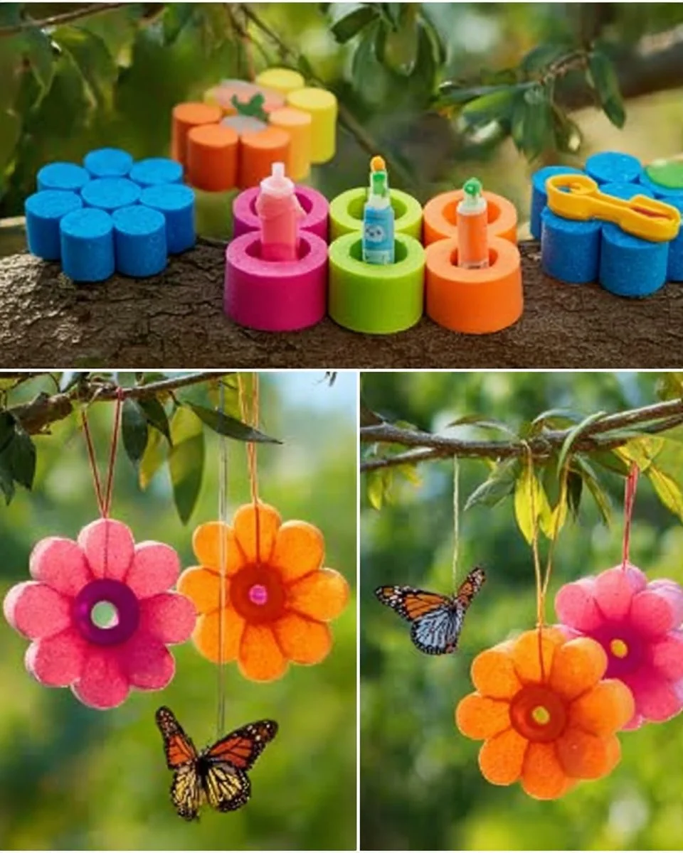 DIY pool noodle butterfly nectar station with vibrant colors and materials