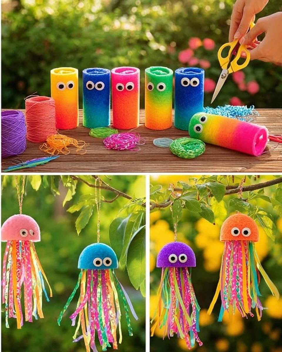 Colorful pool noodle jellyfish decoration with googly eyes and ribbons.