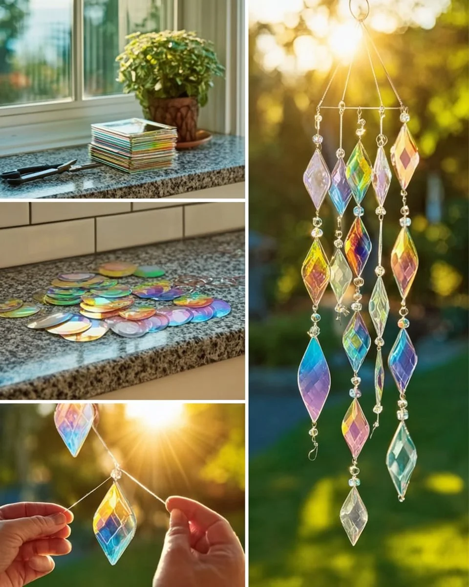 Rainbow CD Wind Chime Sun Catcher Materials Old CDs Scissors Hole punch Colorful acrylic beads Jump rings Fishing line or jewelry wire Metal ring or embroidery hoop Pliers Instructions Step 1 Cut…
