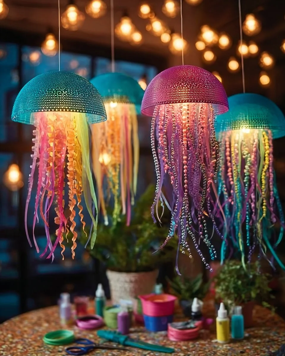 Colorful rainbow jellyfish lanterns made from colanders and beads.