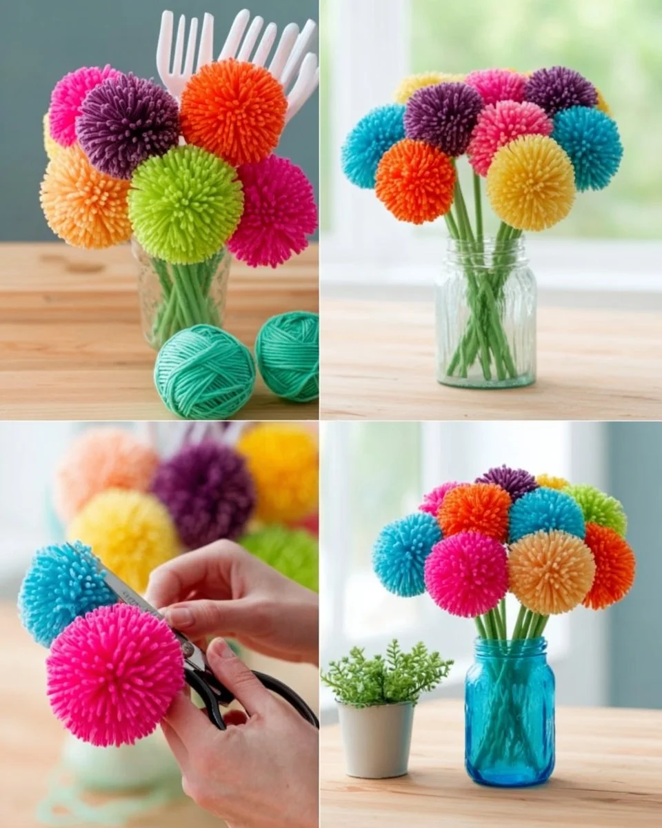 Crafted Rainbow Yarn Daisy Bouquet with vibrant colors and pipe cleaners