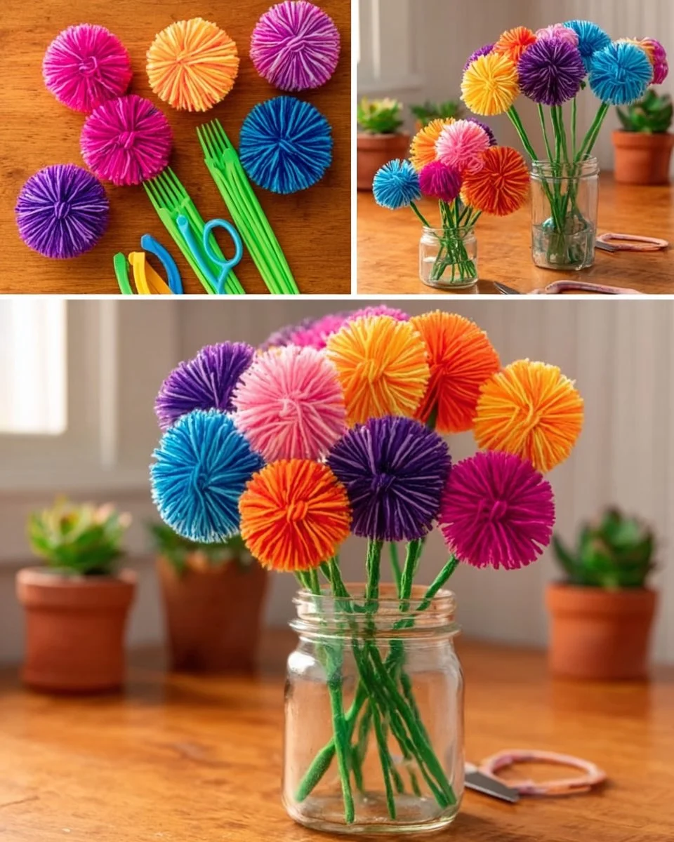 Rainbow Yarn Flowers

Materials

Colorful yarn
Plastic forks
Green craft sticks
School glue
Scissors
Small ball of yarn for flower centers
Vase or jar

Instructions

Step 1
Wrap colorful yarn tightly...