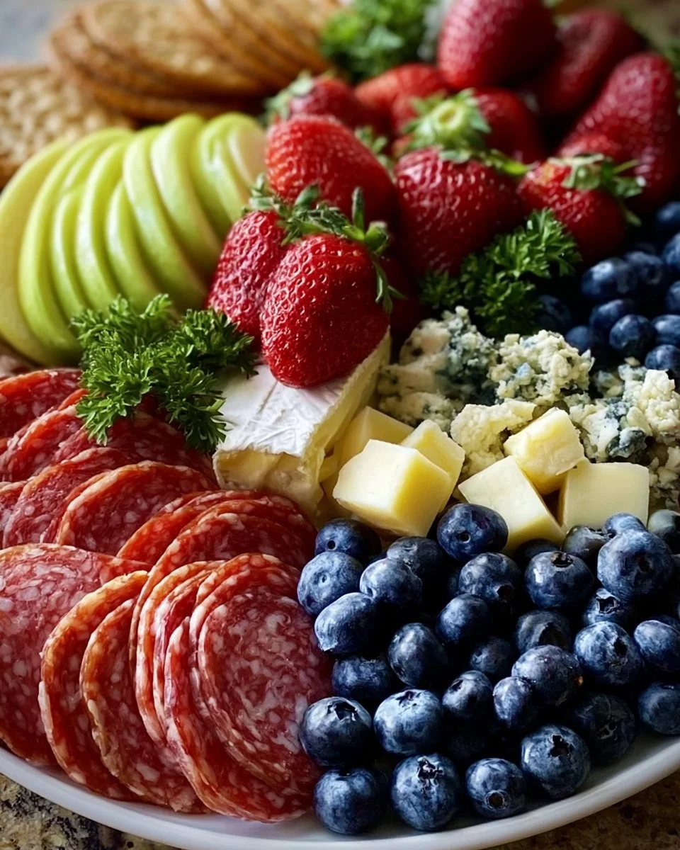 Red, White and Blue Charcuterie Board featuring berries, cheeses, and meats.