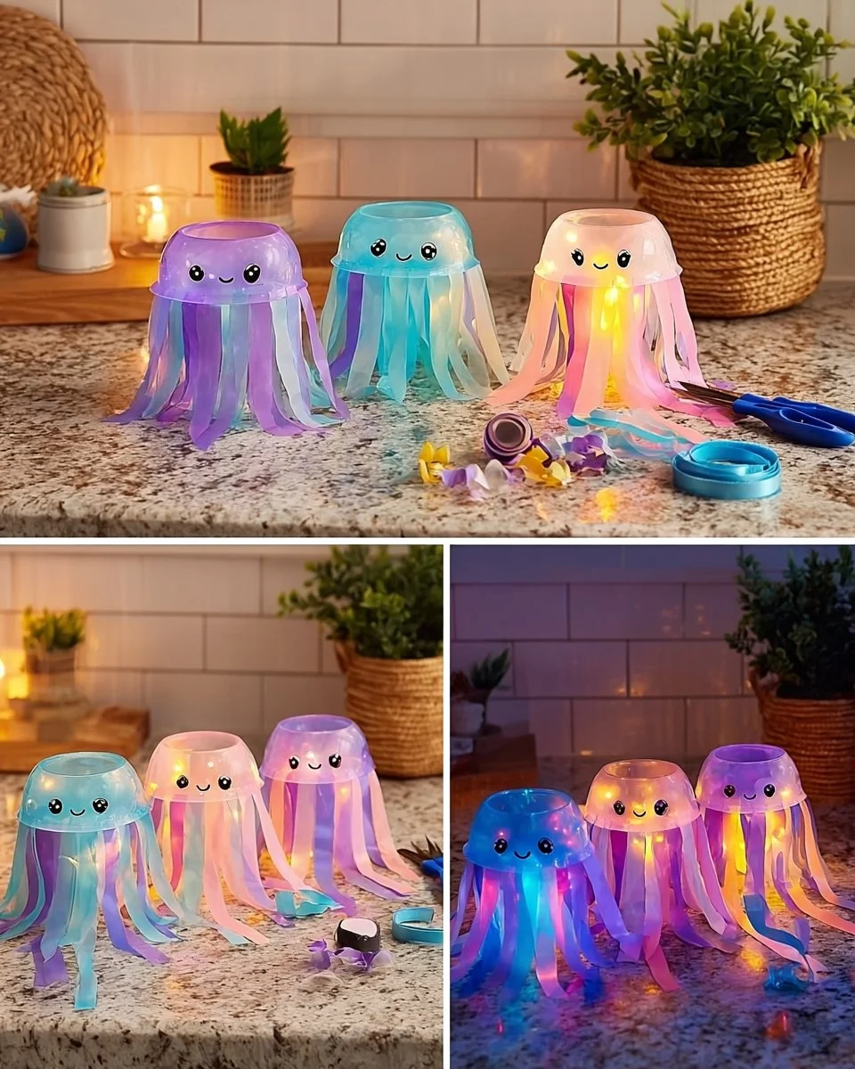 DIY sparkly jellyfish cup lanterns with LED lights and glitter