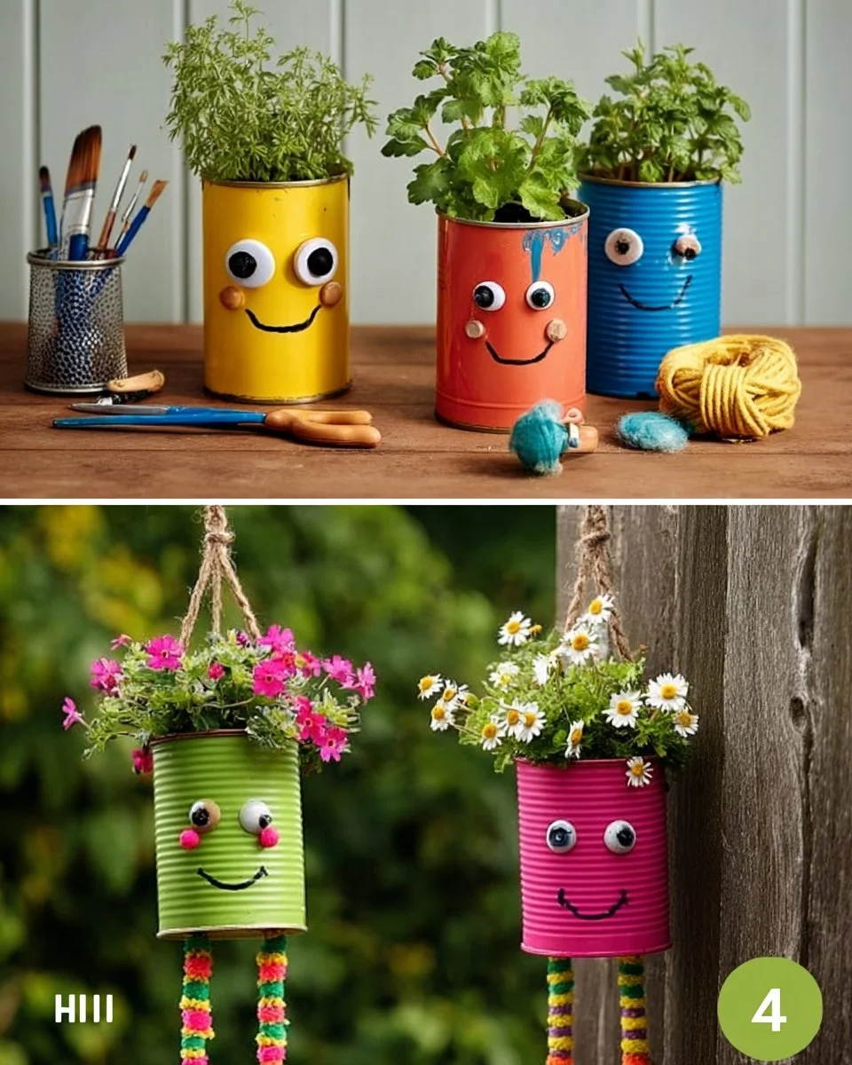 Colorful tin can hanging planters decorated with googly eyes and yarn