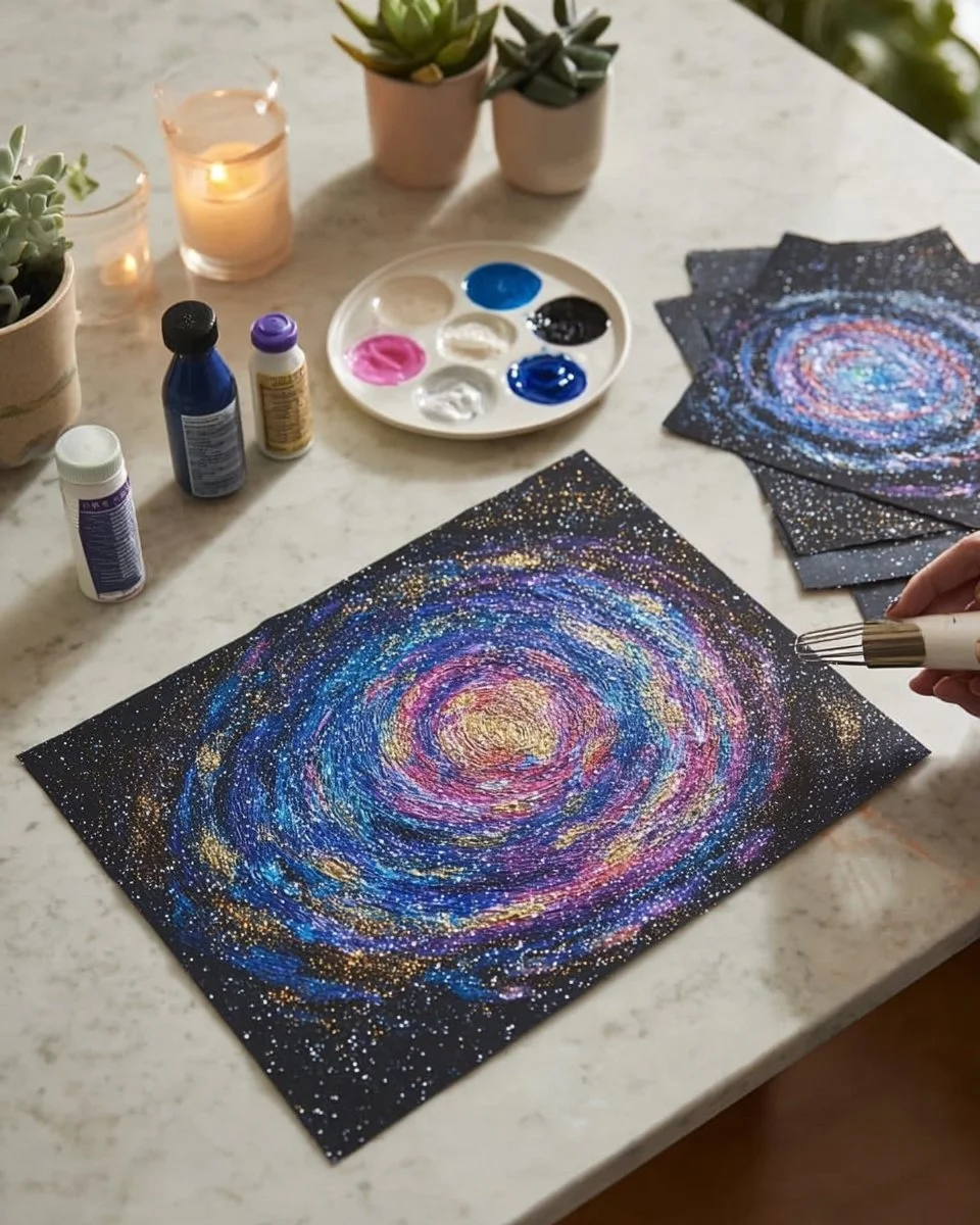 Whisk Galaxy Art Materials Black cardstock paper Acrylic paint in galaxy colors Paper plates Kitchen whisk White paint Glitter or paint splatter Craft glue Paintbrush Instructions Step 1 Pour smal…