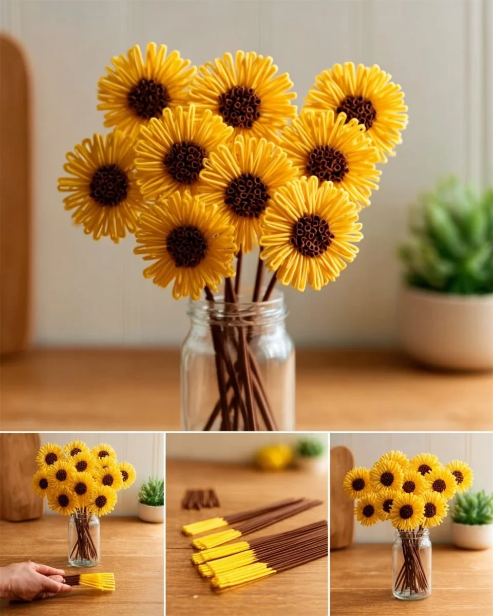 Colorful yarn sunflower bouquet made with yellow and brown yarn