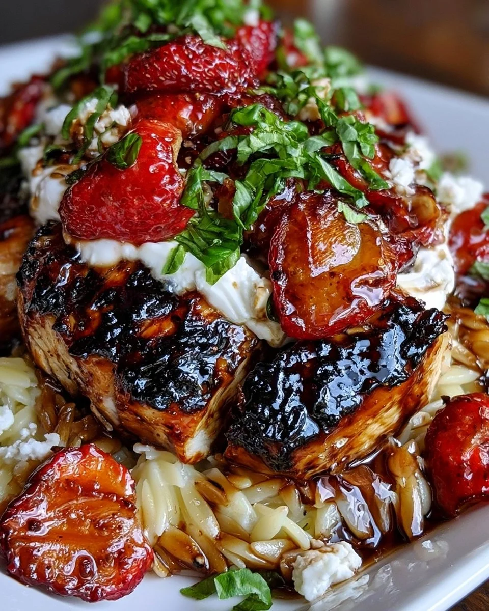 Balsamic Glazed Chicken &amp; Orzo with Whipped Feta, Roasted Strawberries &amp; Basil