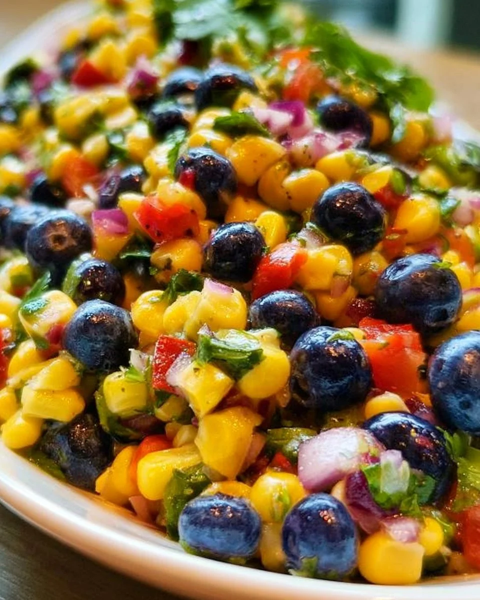 Fresh blueberry corn salsa served in a bowl with cilantro garnish.