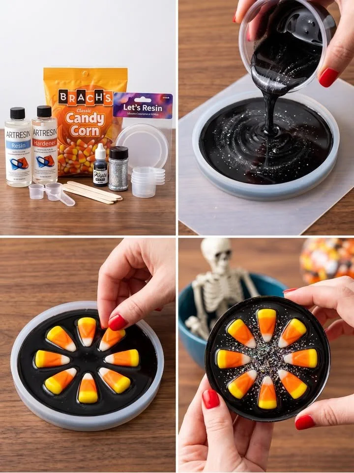 Colorful Candy Corn Resin Coasters for Halloween DIY project