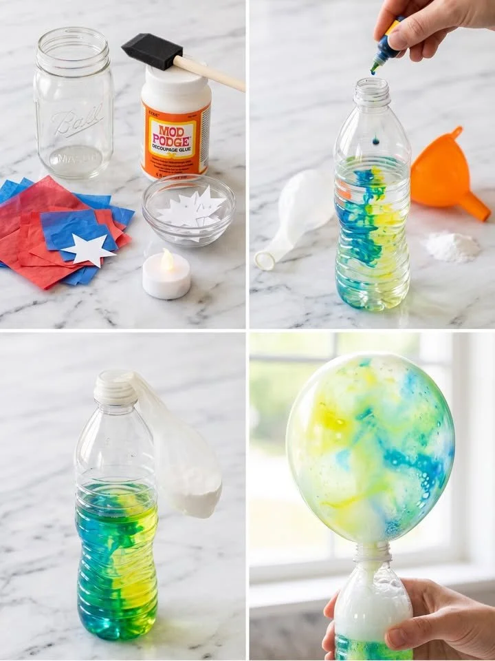 Colorful baking soda balloon science experiment demonstrating chemical reactions.