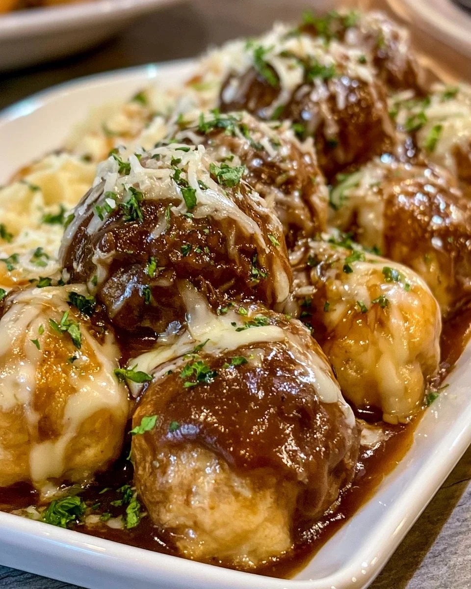 Cozy Crock Pot French Onion Meatballs