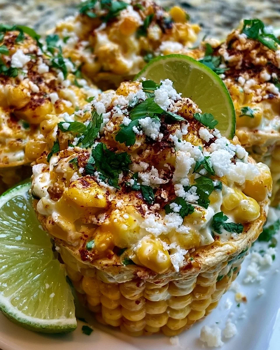Creamy Mexican street corn cups topped with cheese and spices