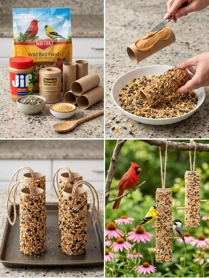 DIY cardboard tube bird feeders for attracting backyard birds