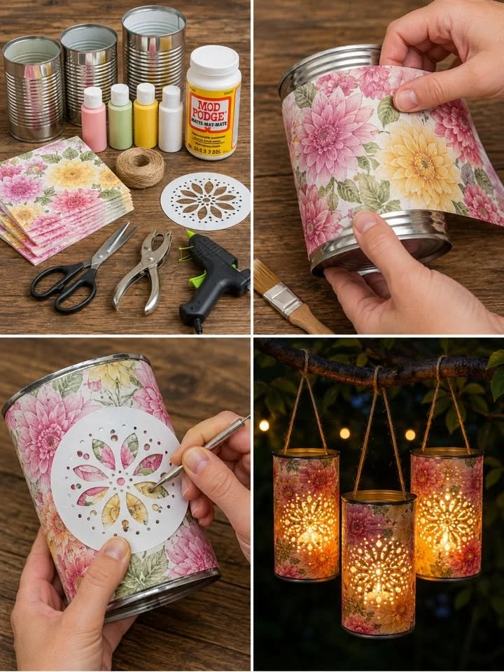 DIY Floral Tin Can Lanterns for unique and eco-friendly home decor.