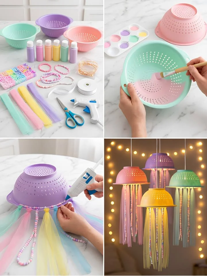 Colorful DIY jellyfish lanterns hanging from the ceiling, creating a whimsical atmosphere.