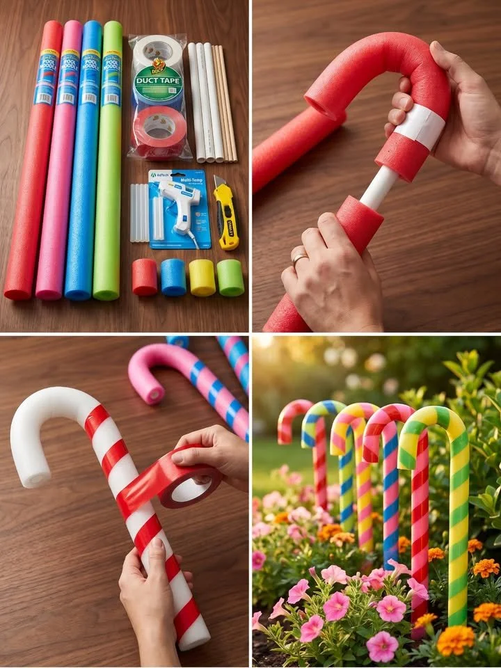 Giant garden candy canes made from Dollar Store pool noodles displayed in a festive garden.