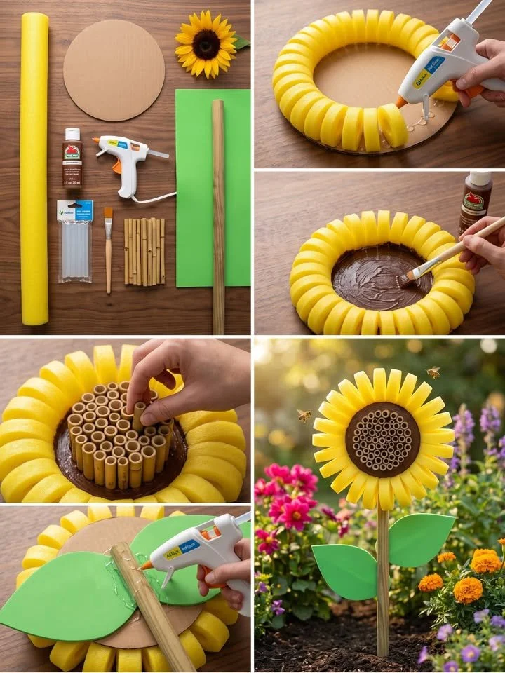 Giant sunflower bee hotel made from pool noodles attracting summer bees
