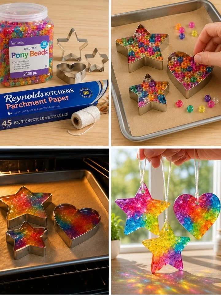 Colorful melting bead suncatchers hanging in a sunny window