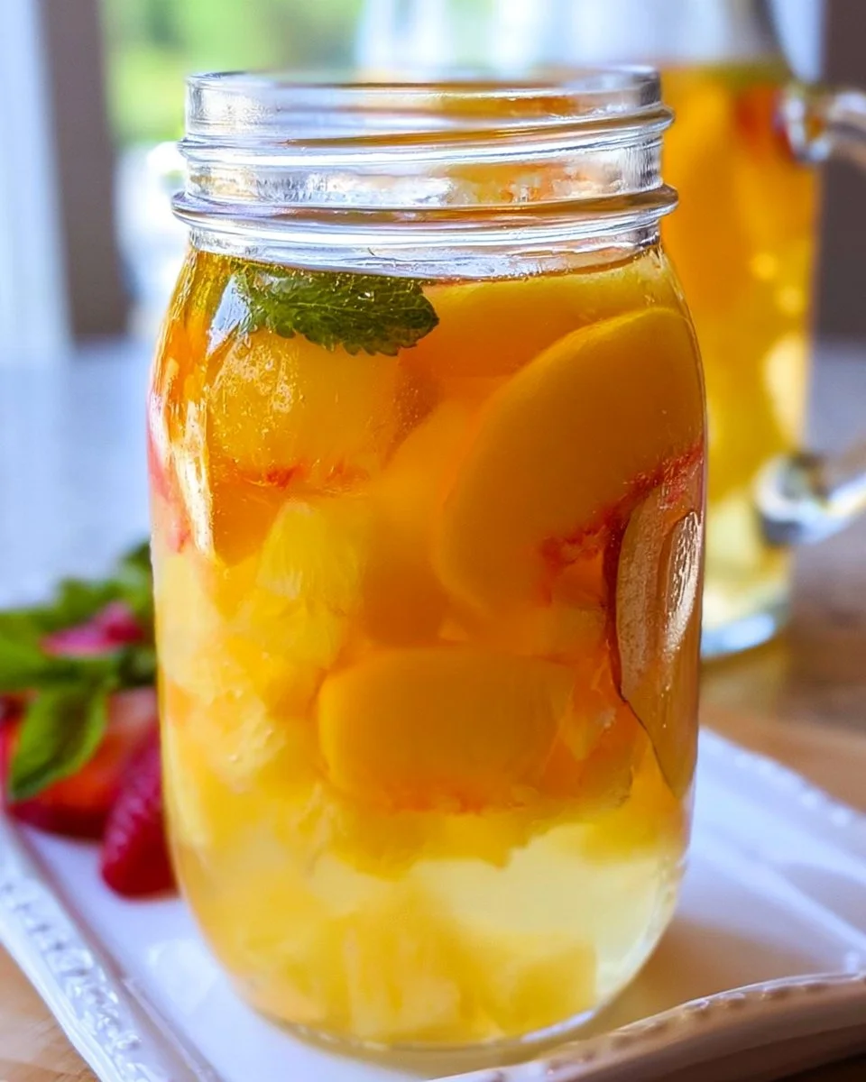 A refreshing glass of Peach White Wine Sangria garnished with fresh peaches.