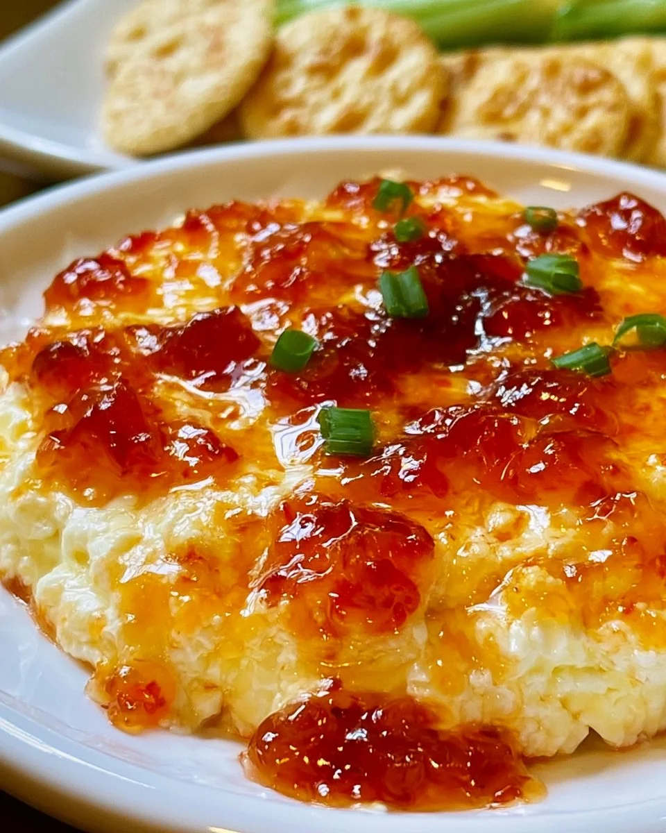 Delicious pepper jelly cream cheese dip served with crackers.