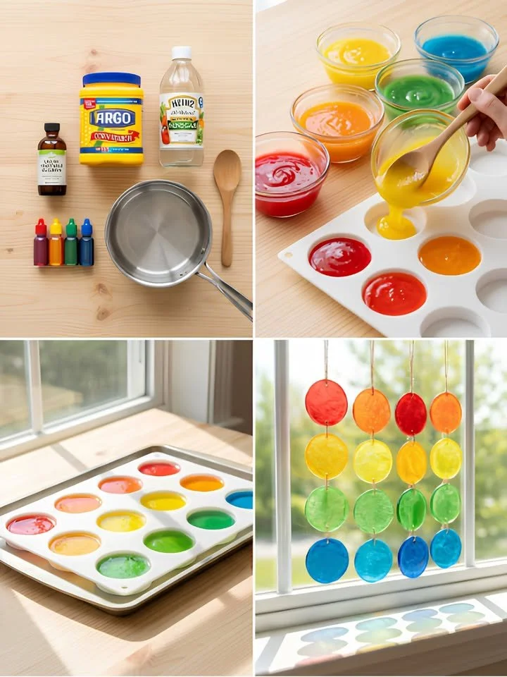 DIY rainbow cornstarch bioplastic suncatchers for eco-friendly home decor.