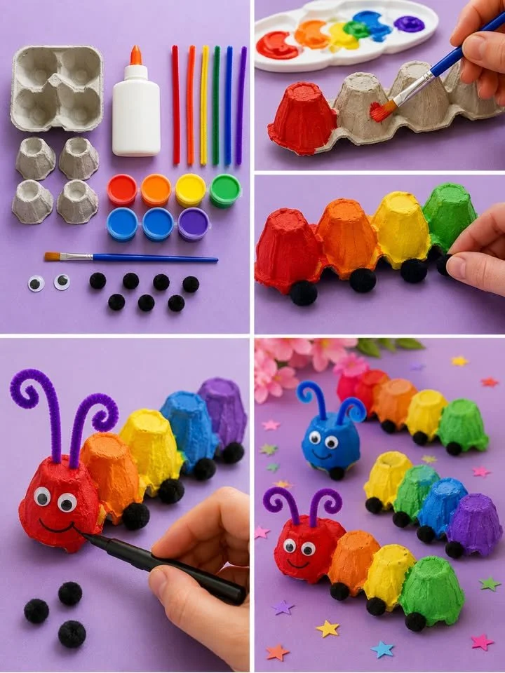 Crafted rainbow egg carton caterpillars in vibrant colors