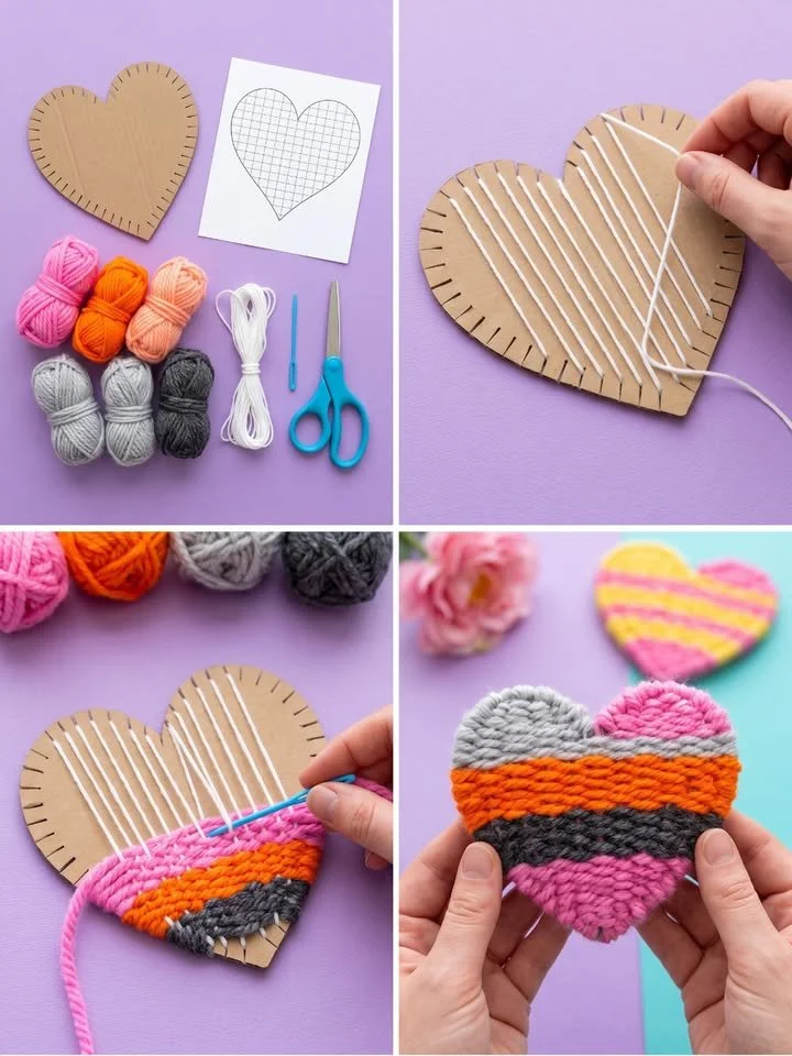Colorful woven yarn cardboard heart craft for DIY decor